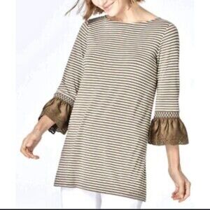 J.Jill Mixed-Media Latte White Smocked-Sleeve Tunic Women's Size L EUC